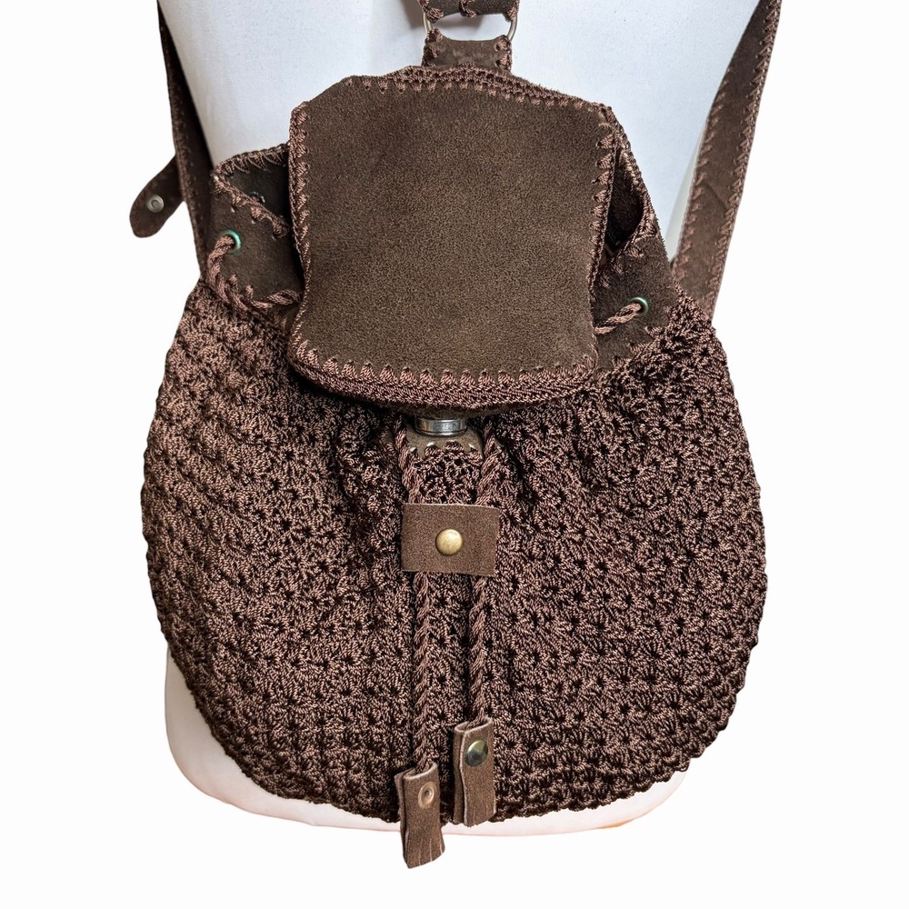 Puro Cuero Crochet Backpack Dark Brown Suede Trim Boho Festival Bucket Bag